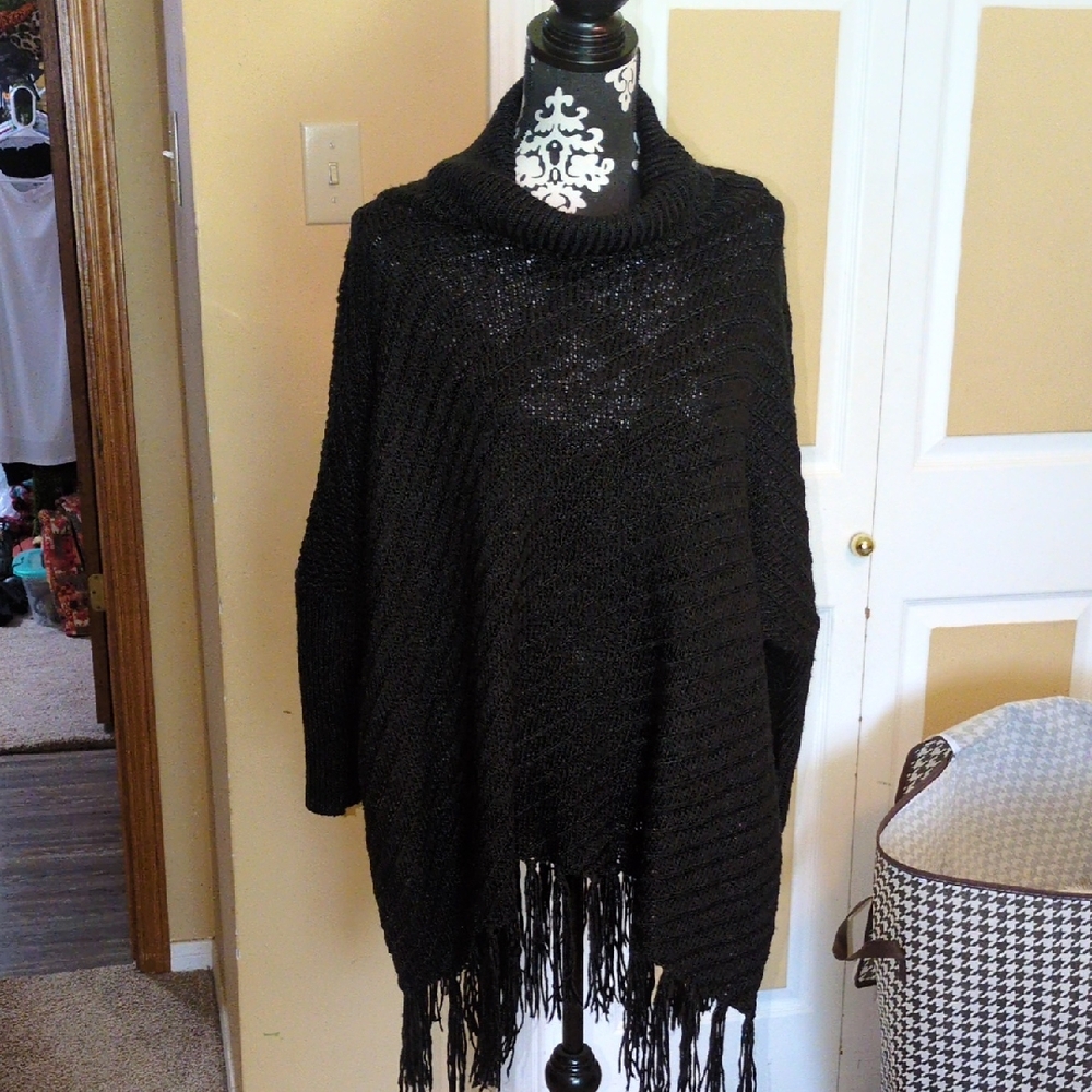 Chic Black Fringe Poncho Sweater